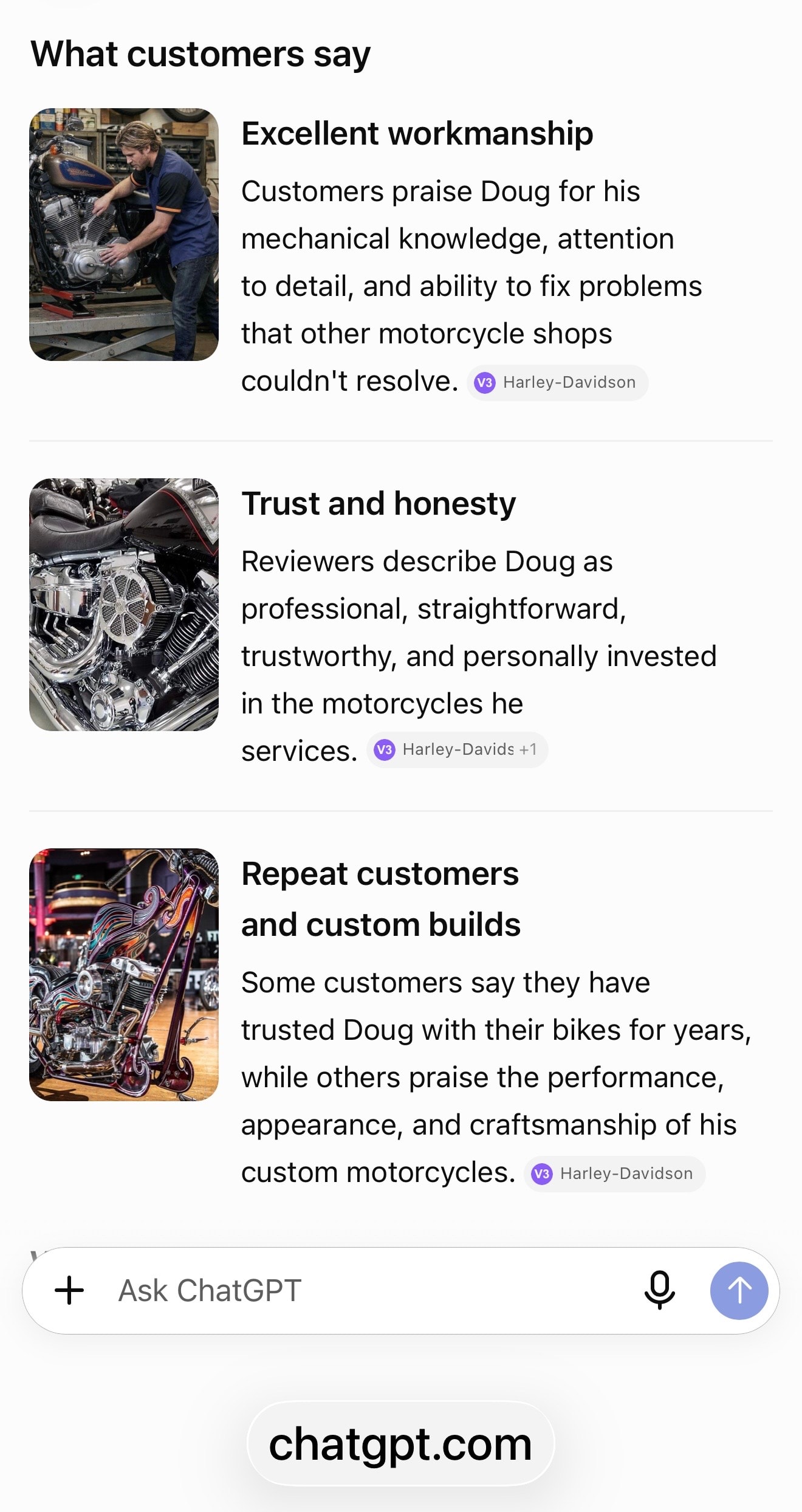 ChatGPT summarizing what customers say about Creative Cycles — excellent workmanship, trust and honesty, repeat customers and custom builds