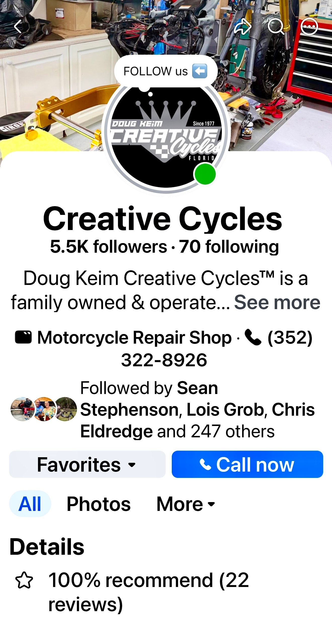Creative Cycles Facebook page showing 100% recommendation rating from 22 reviews and 5.5K followers