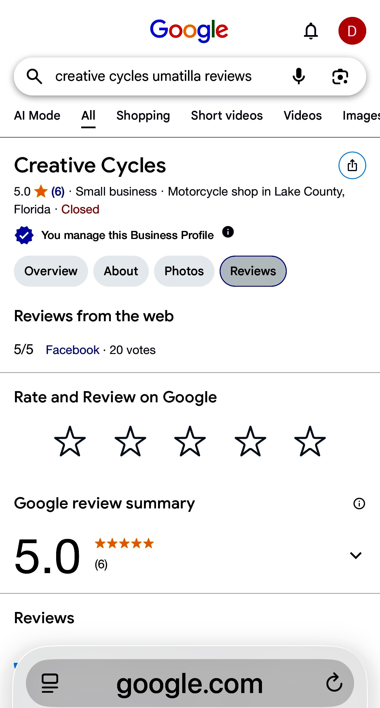 Google search results for Creative Cycles Umatilla showing 5.0 star rating with 6 Google reviews and 5/5 from Facebook