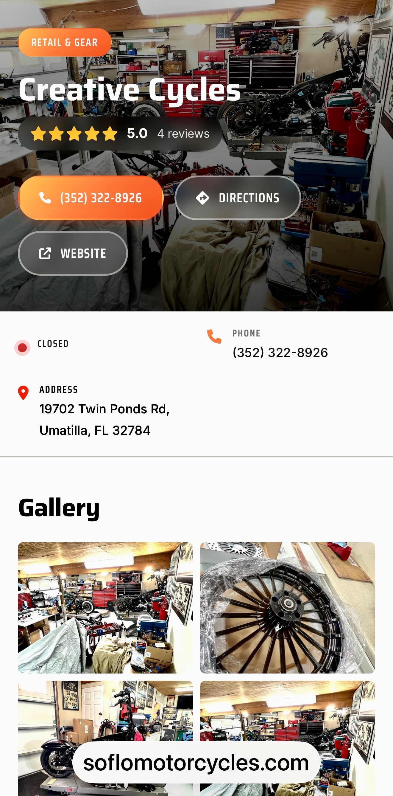 Creative Cycles on SoFlo Motorcycles showing 5.0 star rating and 4 reviews in Umatilla FL