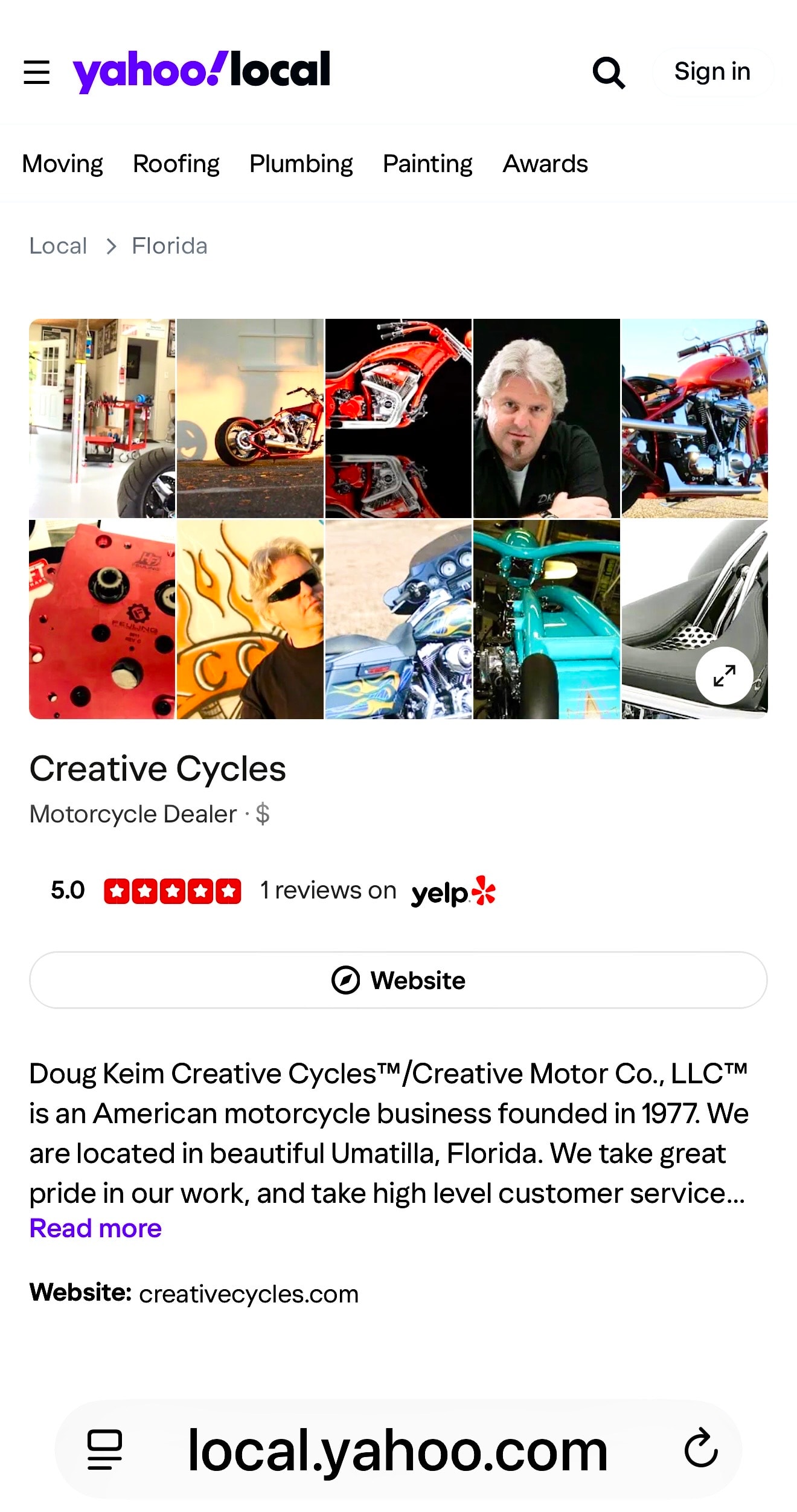 Creative Cycles on Yahoo Local showing 5.0 star rating and Yelp reviews in Umatilla FL