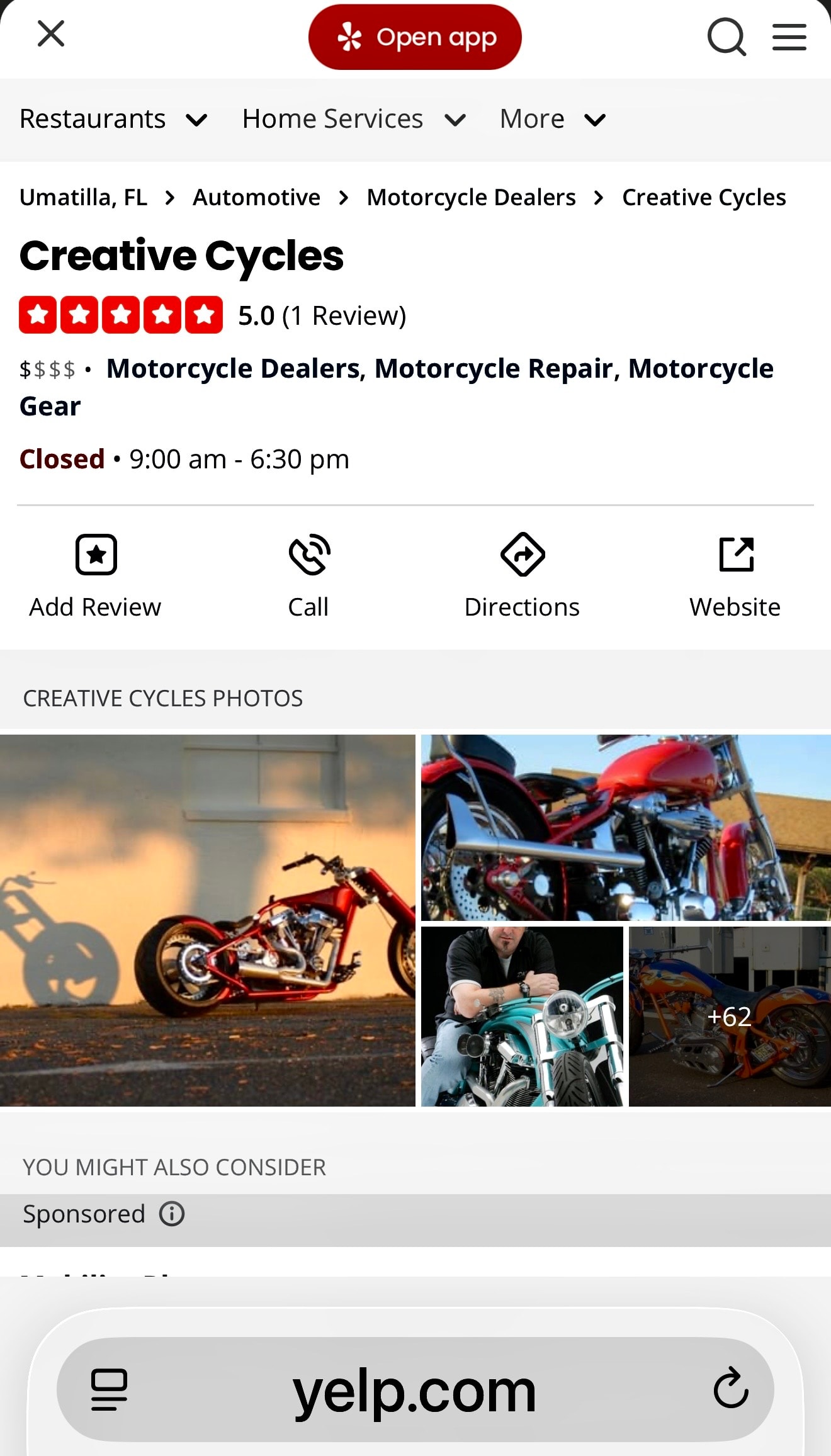 Creative Cycles on Yelp showing 5.0 star rating in Umatilla FL — Motorcycle Dealers, Motorcycle Repair, Motorcycle Gear